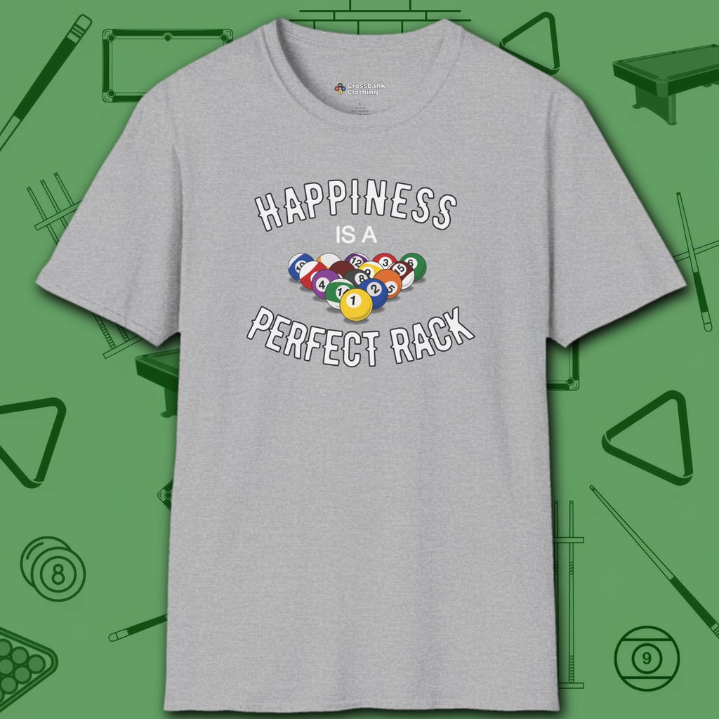 Happiness Is A Perfect Rack T-Shirt, in Sport Grey color, billiards shirt, front view