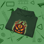 Haunted Eight Ball Pumpkin Hoodie, folded view, in Forest Green made for pool sharks, not posers