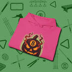 Haunted Eight Ball Pumpkin Hoodie, folded view, in Heliconia a clean fit for the dirtiest safeties