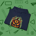 Haunted Eight Ball Pumpkin Hoodie, folded view, in Navy smart enough for the felt and the street