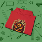 Haunted Eight Ball Pumpkin Hoodie, folded view, in Red because the table is your battlefield