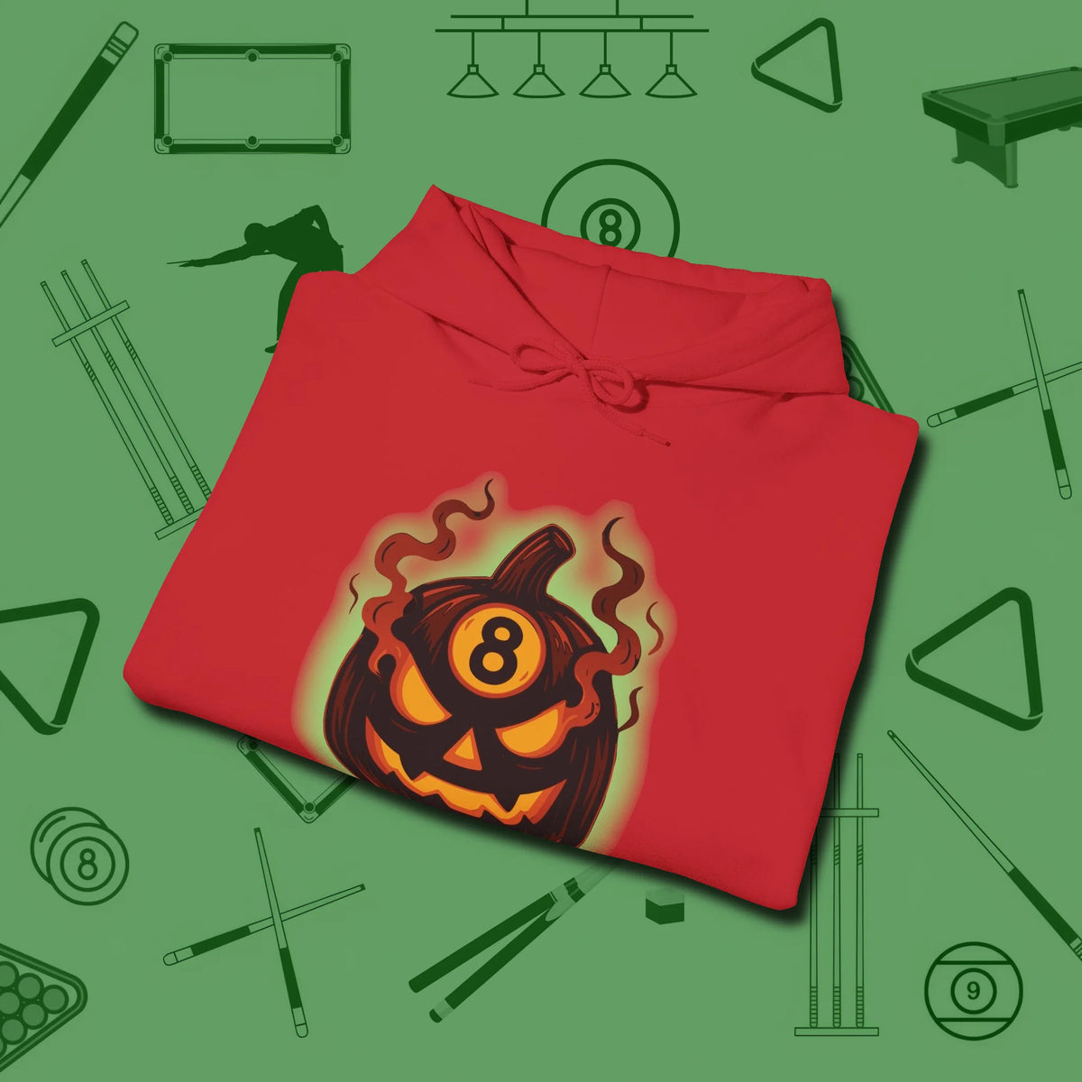 Haunted Eight Ball Pumpkin Hoodie, folded view, in Red because the table is your battlefield