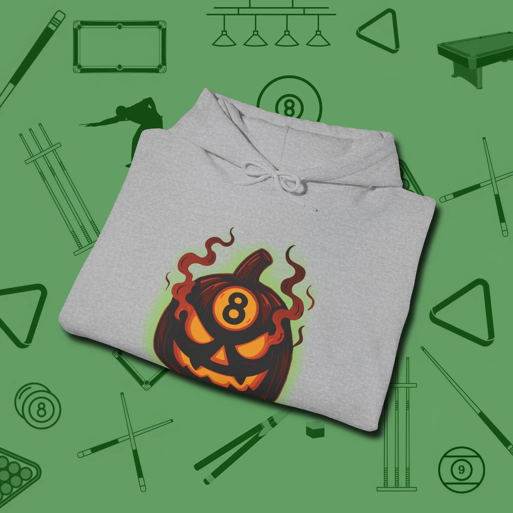 Haunted Eight Ball Pumpkin Hoodie, folded view, in Sport Grey play in style, win in silence