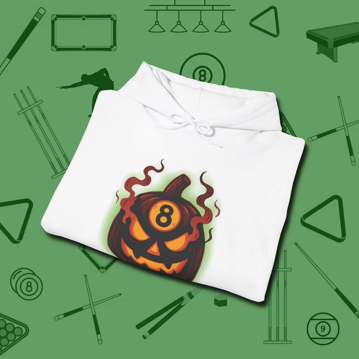 Haunted Eight Ball Pumpkin Hoodie, folded view, in White your secret weapon off the table