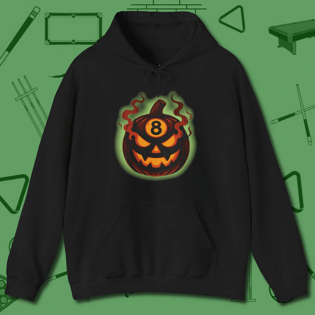 Haunted Eight Ball Pumpkin Hoodie, front view, in Black attitude built for the long haul