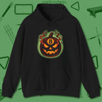 Haunted Eight Ball Pumpkin Hoodie, front view, in Black attitude built for the long haul