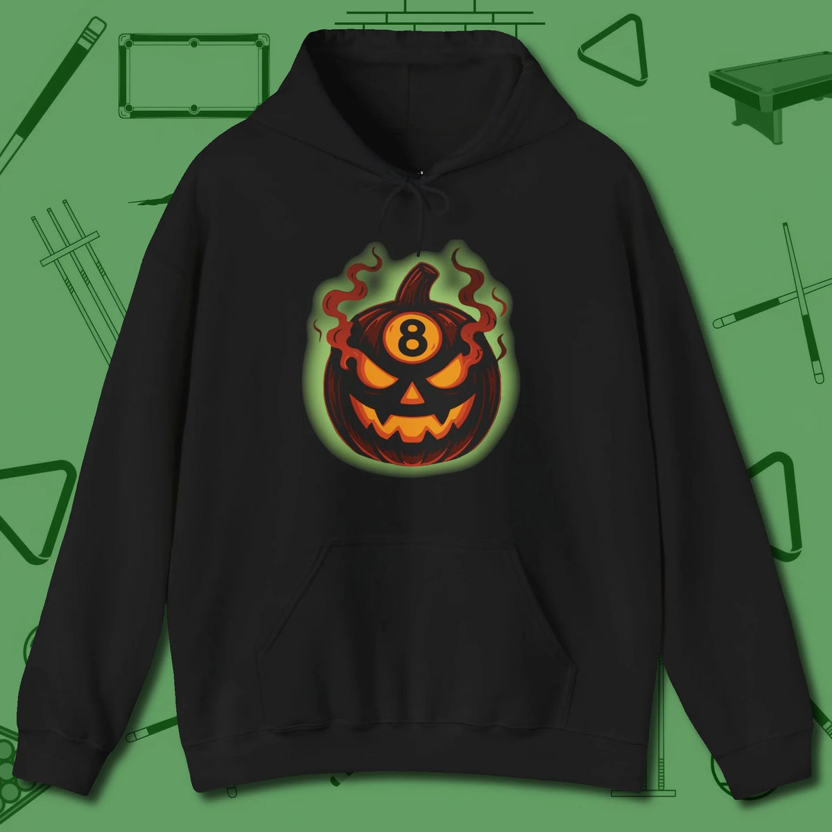 Haunted Eight Ball Pumpkin Hoodie, front view, in Black attitude built for the long haul