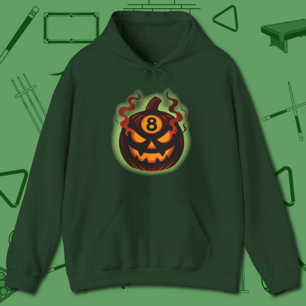 Haunted Eight Ball Pumpkin Hoodie, front view, in Forest Green not your average 8-ball graphic tee
