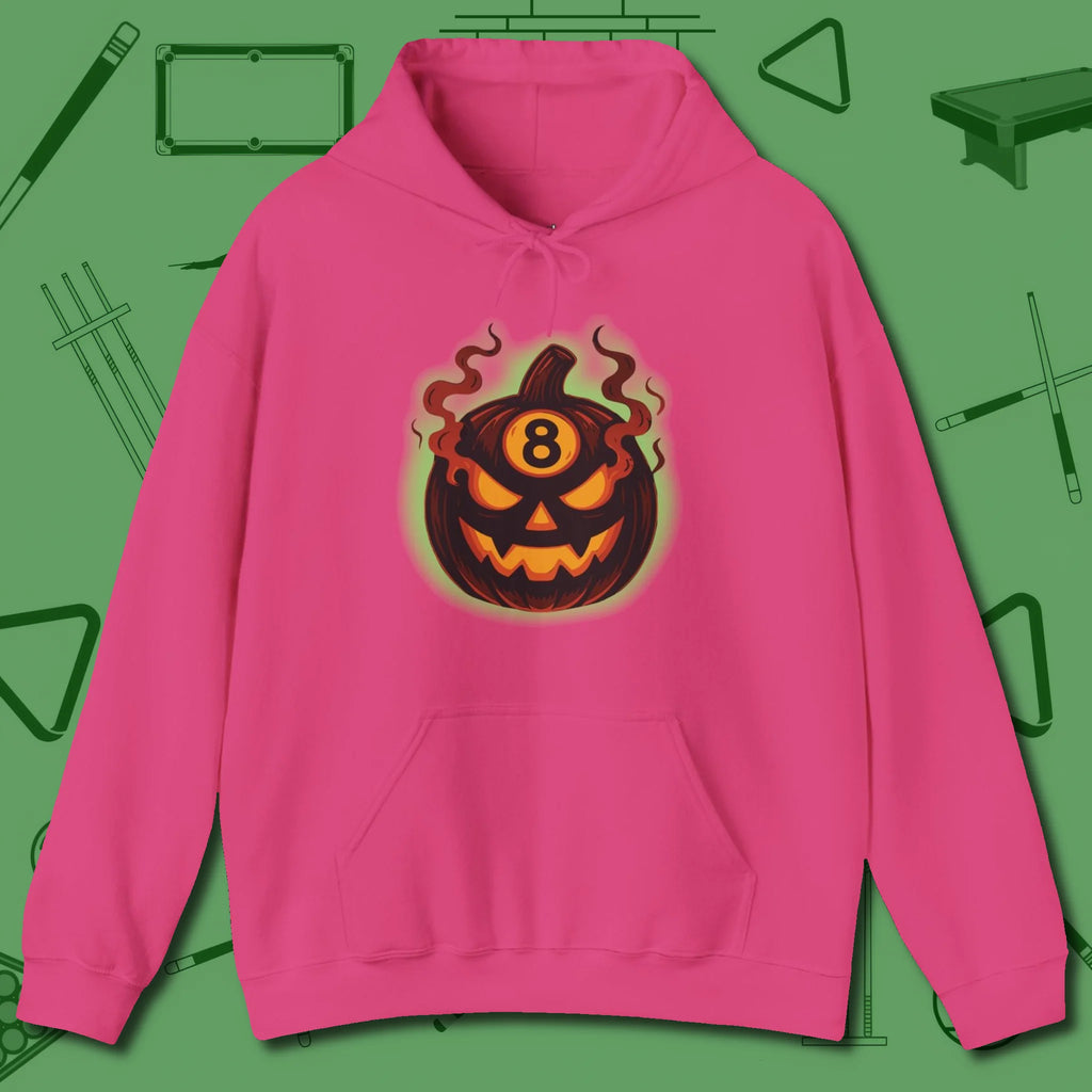 Haunted Eight Ball Pumpkin Hoodie, front view, in Heliconia table-tested, street-approved style