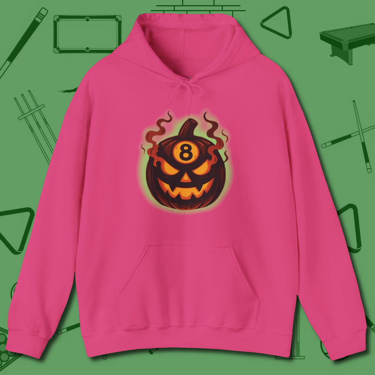 Haunted Eight Ball Pumpkin Hoodie, front view, in Heliconia table-tested, street-approved style