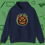 Haunted Eight Ball Pumpkin Hoodie, front view, in Navy because pool isn’t just a game — it’s who you are
