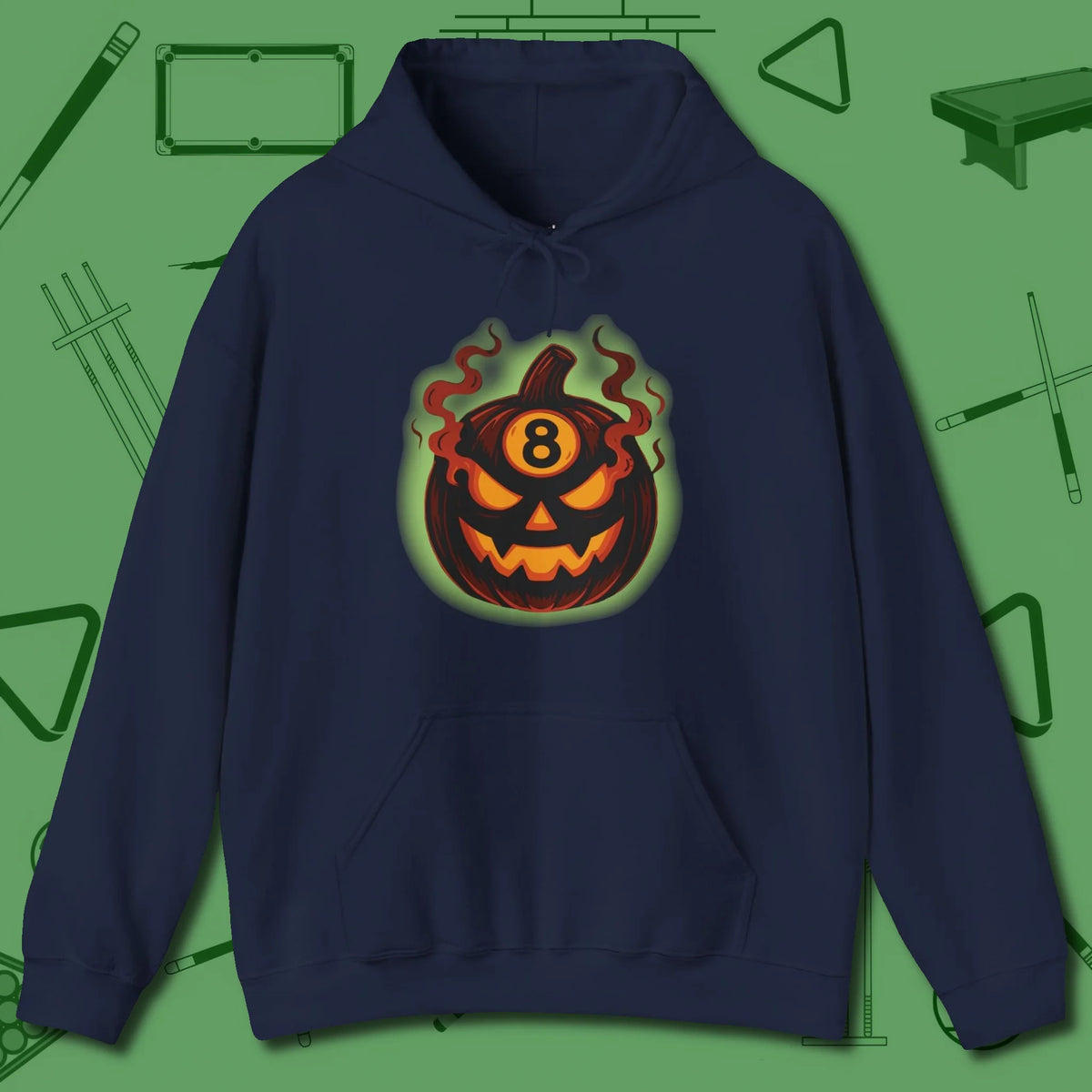 Haunted Eight Ball Pumpkin Hoodie, front view, in Navy because pool isn’t just a game — it’s who you are