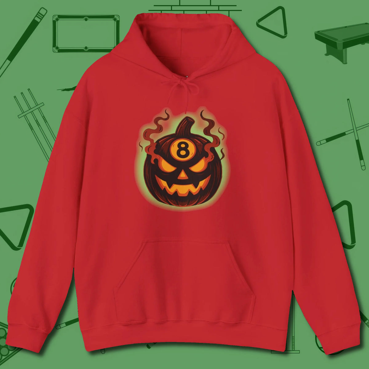 Haunted Eight Ball Pumpkin Hoodie, front view, in Red it’s not a hobby — it’s a lifestyle