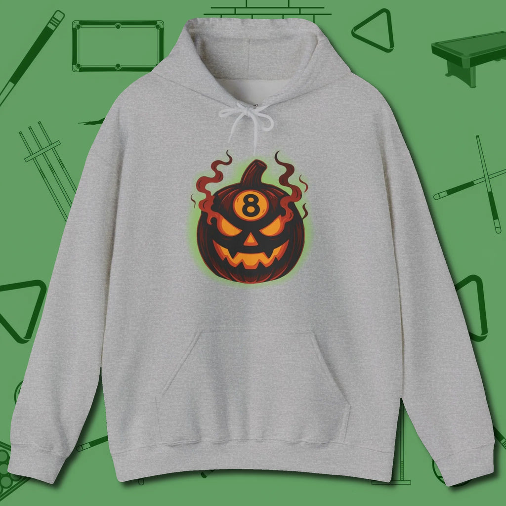 Haunted Eight Ball Pumpkin Hoodie, front view, in Sport Grey earns respect before the first shot