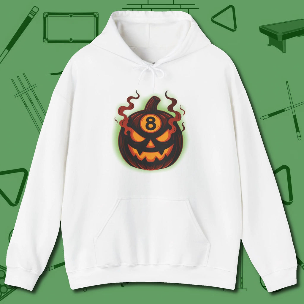 Haunted Eight Ball Pumpkin Hoodie, front view, in White built for bold breaks and quiet confidence