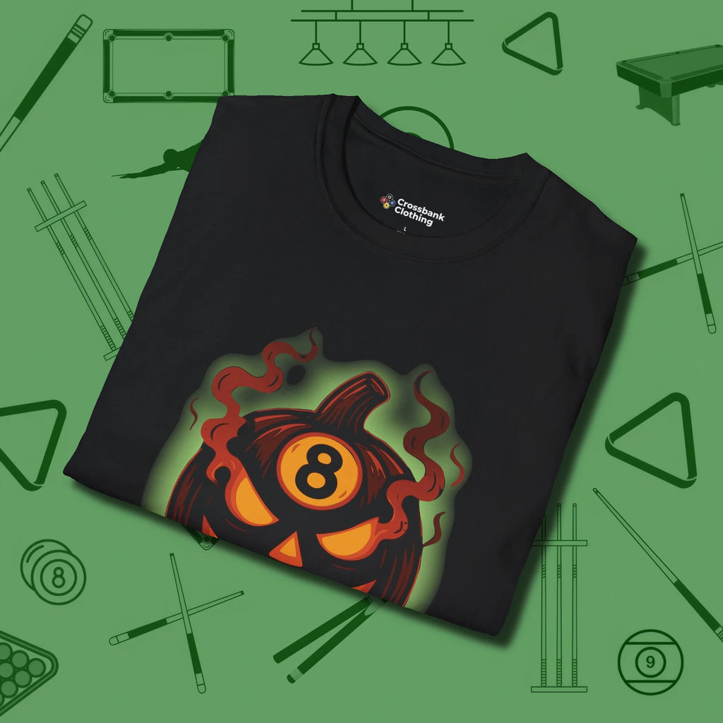 Haunted Eight Ball Pumpkin T-Shirt, folded view, in Black classic cue style, no gimmicks