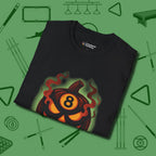 Haunted Eight Ball Pumpkin T-Shirt, folded view, in Black classic cue style, no gimmicks