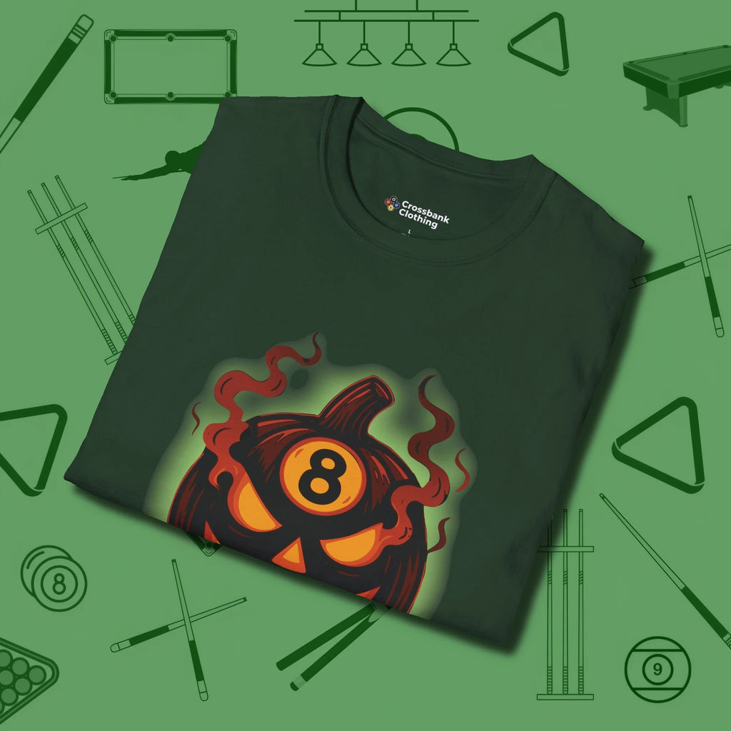 Haunted Eight Ball Pumpkin T-Shirt, folded view, in Forest Green classic cue style, no gimmicks