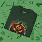 Haunted Eight Ball Pumpkin T-Shirt, folded view, in Forest Green classic cue style, no gimmicks