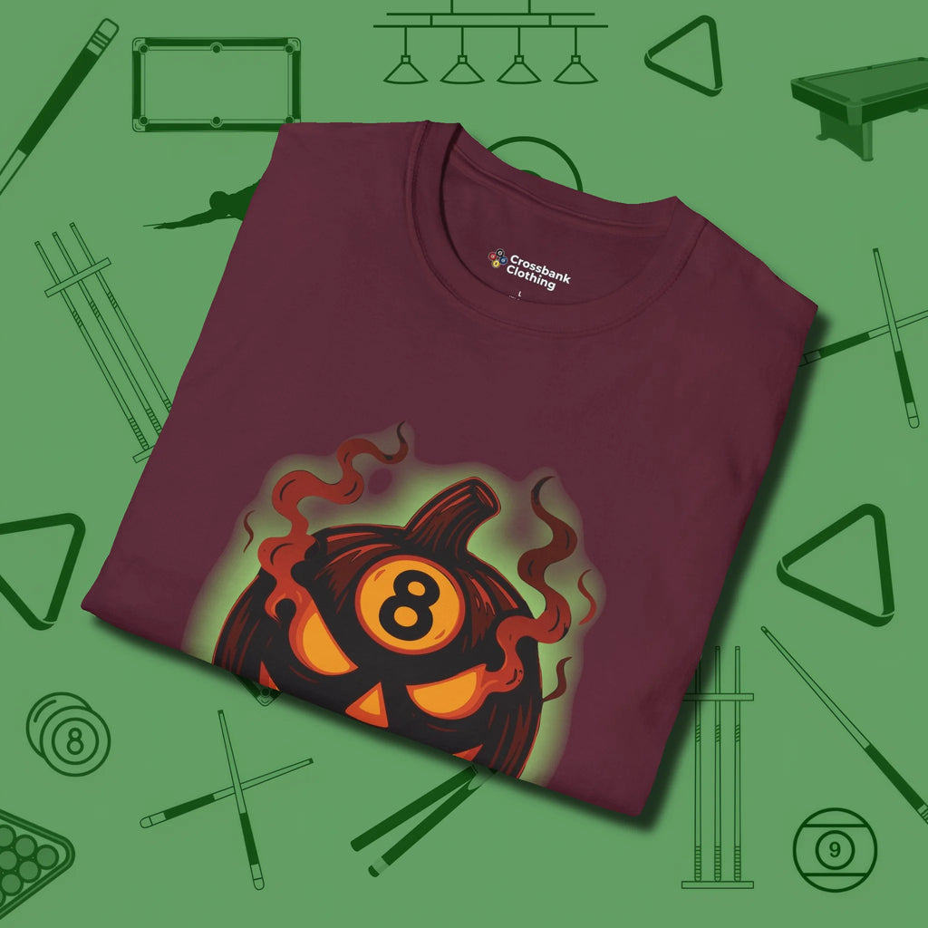 Haunted Eight Ball Pumpkin T-Shirt, folded view, in Maroon designed for dead stroke and deadpan looks