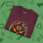Haunted Eight Ball Pumpkin T-Shirt, folded view, in Maroon designed for dead stroke and deadpan looks