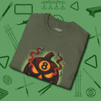 Haunted Eight Ball Pumpkin T-Shirt, folded view, in Military Green your go-to shirt for league night victories