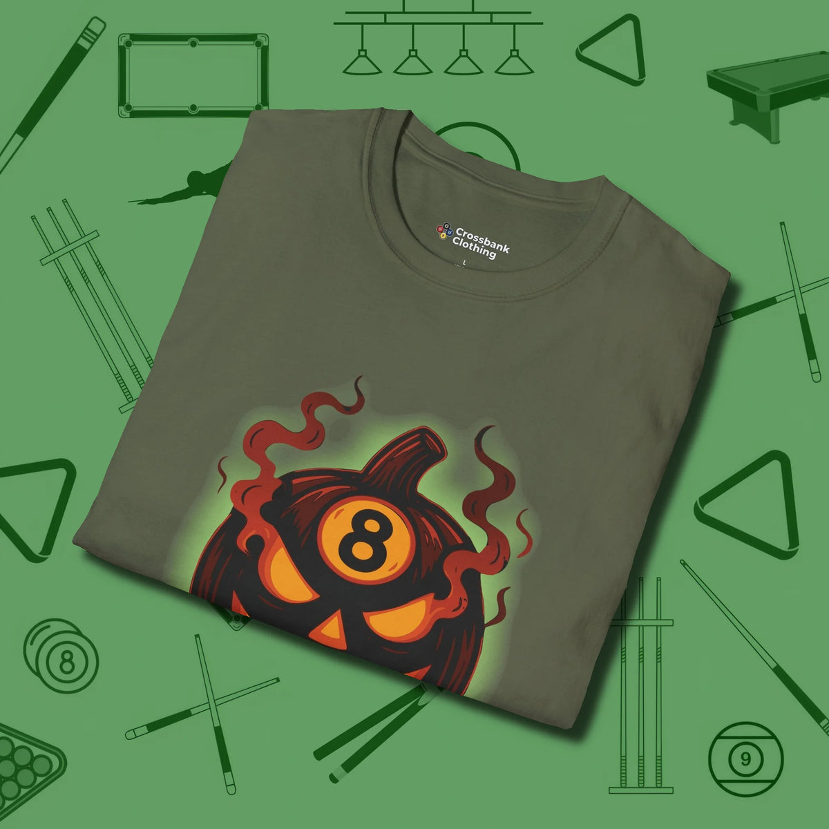 Haunted Eight Ball Pumpkin T-Shirt, folded view, in Military Green your go-to shirt for league night victories