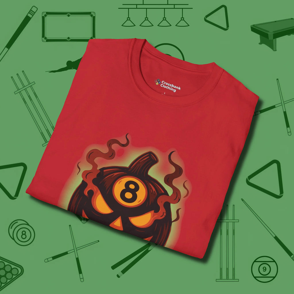 Haunted Eight Ball Pumpkin T-Shirt, folded view, in Red poolroom style with tournament attitude
