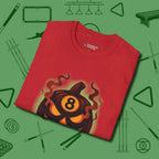 Haunted Eight Ball Pumpkin T-Shirt, folded view, in Red poolroom style with tournament attitude