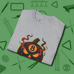Haunted Eight Ball Pumpkin T-Shirt, folded view, in Sport Grey because the table is your battlefield