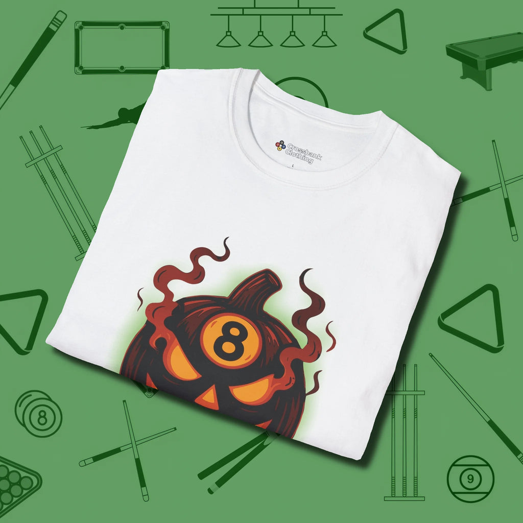 Haunted Eight Ball Pumpkin T-Shirt, folded view, in White because you don’t just play — you represent
