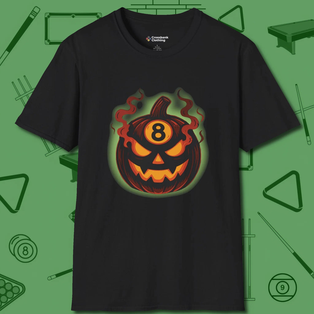 Haunted Eight Ball Pumpkin T-Shirt, front view, in Black not your average 8-ball graphic tee