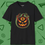 Haunted Eight Ball Pumpkin T-Shirt, front view, in Black not your average 8-ball graphic tee