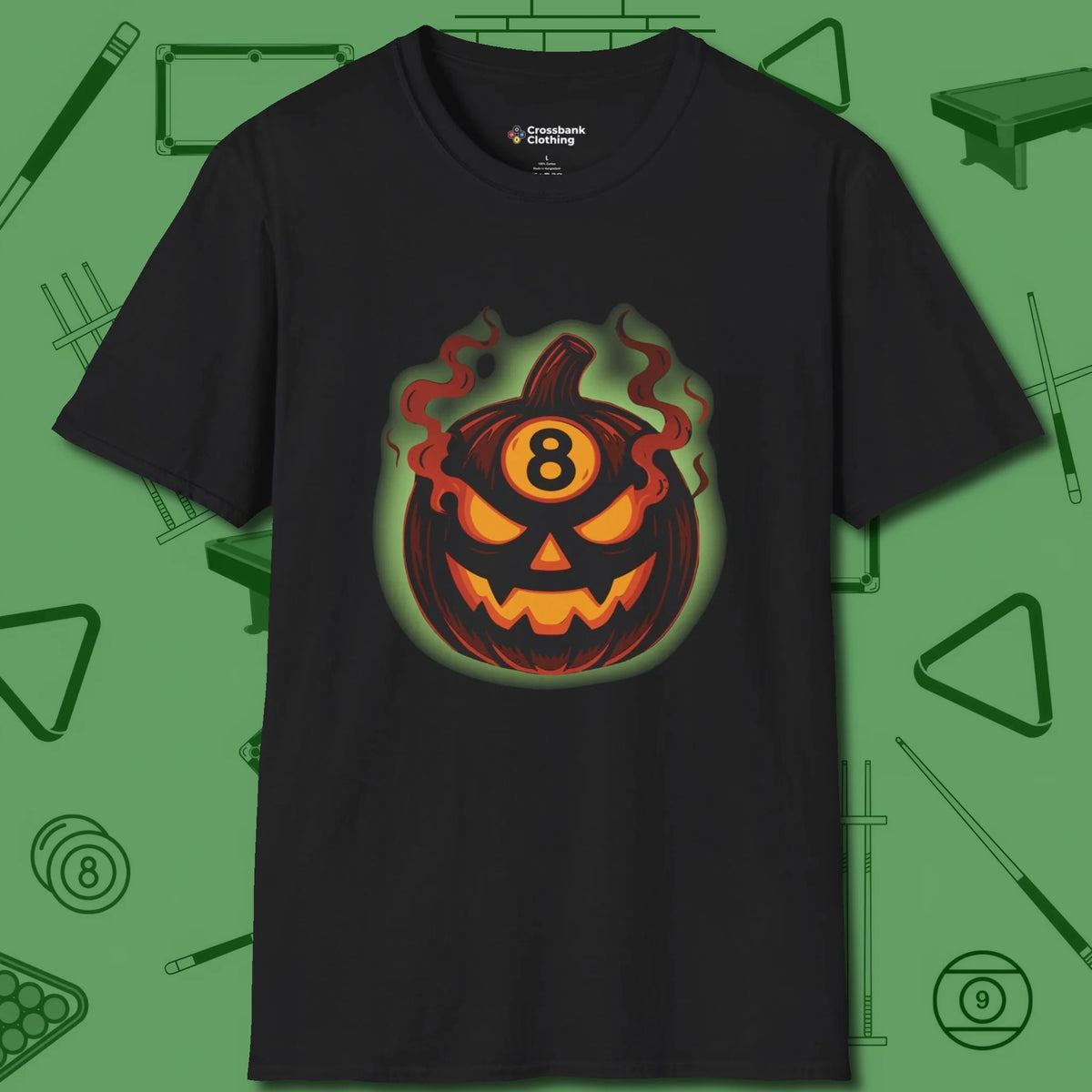 Haunted Eight Ball Pumpkin T-Shirt, front view, in Black not your average 8-ball graphic tee