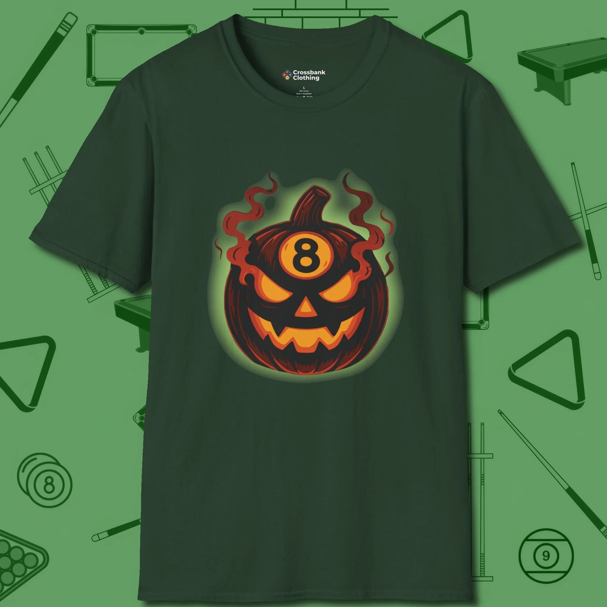 Haunted Eight Ball Pumpkin T-Shirt, front view, in Forest Green it’s not a hobby — it’s a lifestyle