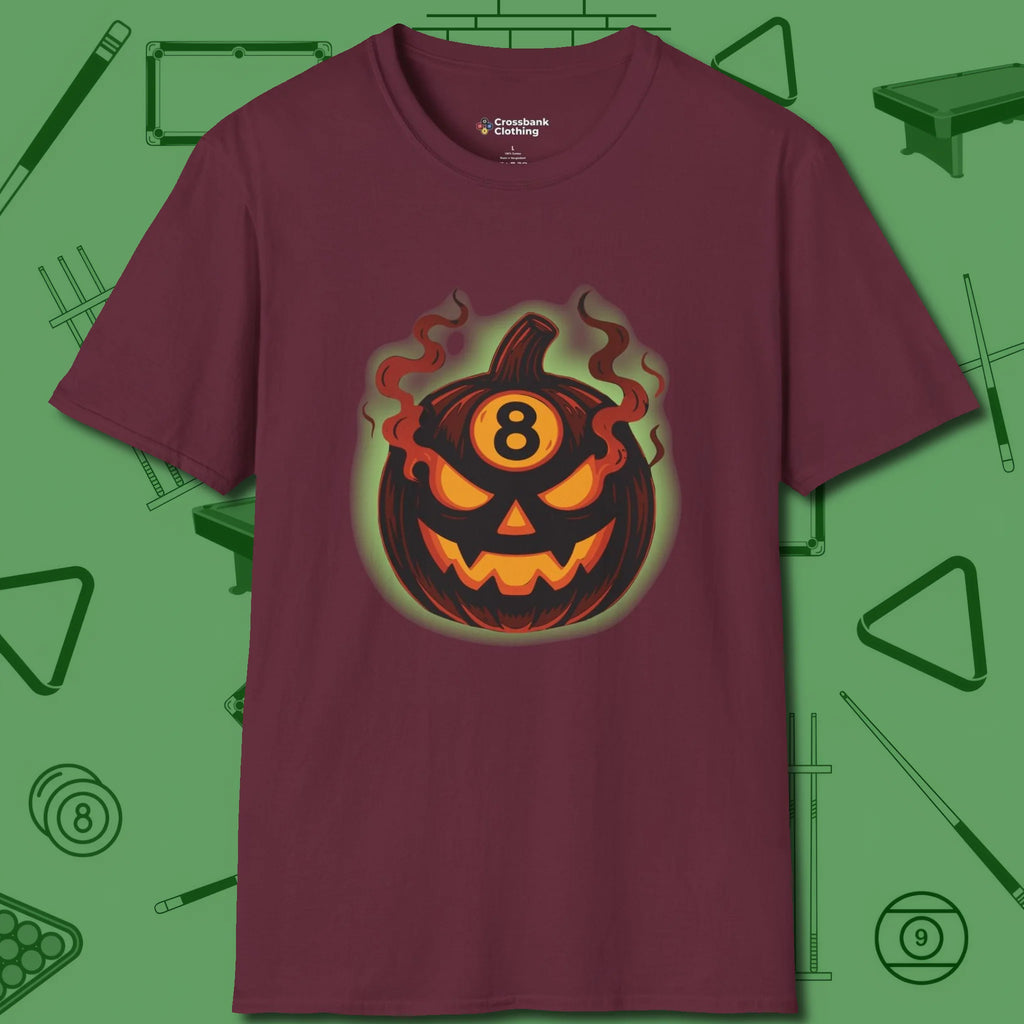 Haunted Eight Ball Pumpkin T-Shirt, front view, in Maroon made for pool sharks, not posers