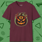 Haunted Eight Ball Pumpkin T-Shirt, front view, in Maroon made for pool sharks, not posers