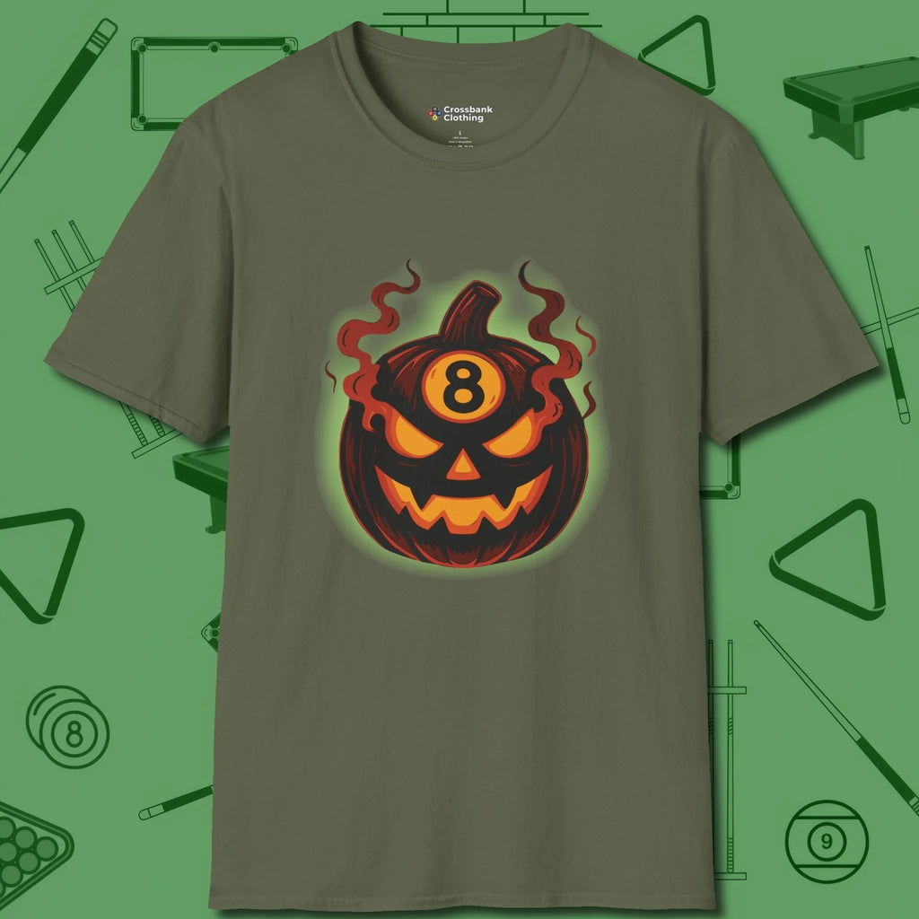 Haunted Eight Ball Pumpkin T-Shirt, front view, in Military Green table-tested, street-approved style