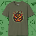 Haunted Eight Ball Pumpkin T-Shirt, front view, in Military Green table-tested, street-approved style