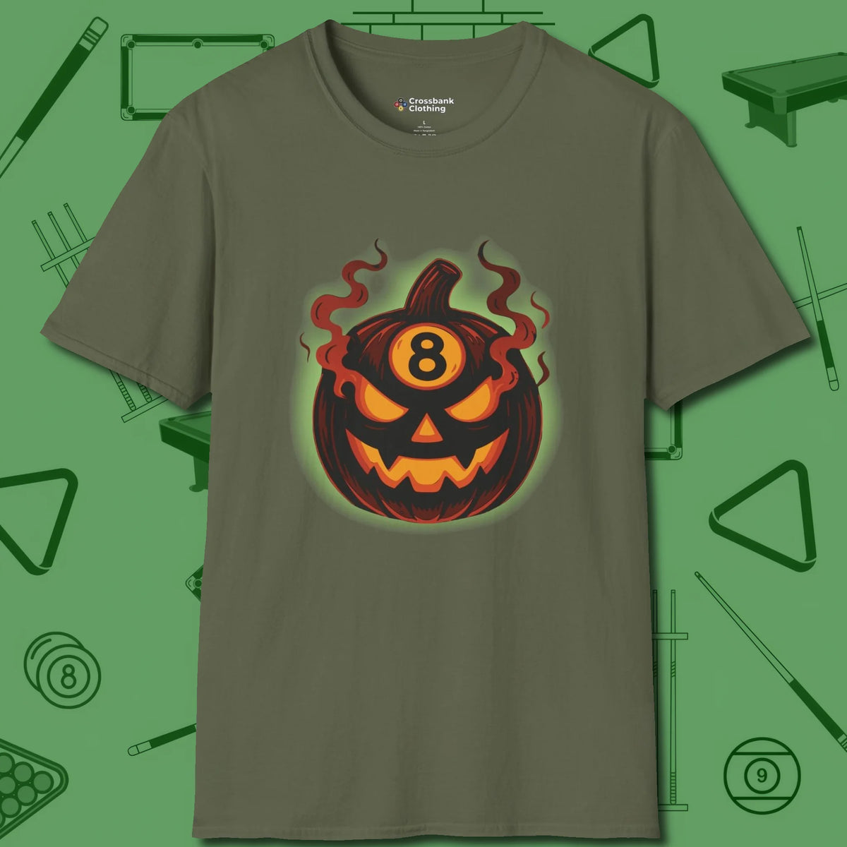 Haunted Eight Ball Pumpkin T-Shirt, front view, in Military Green table-tested, street-approved style