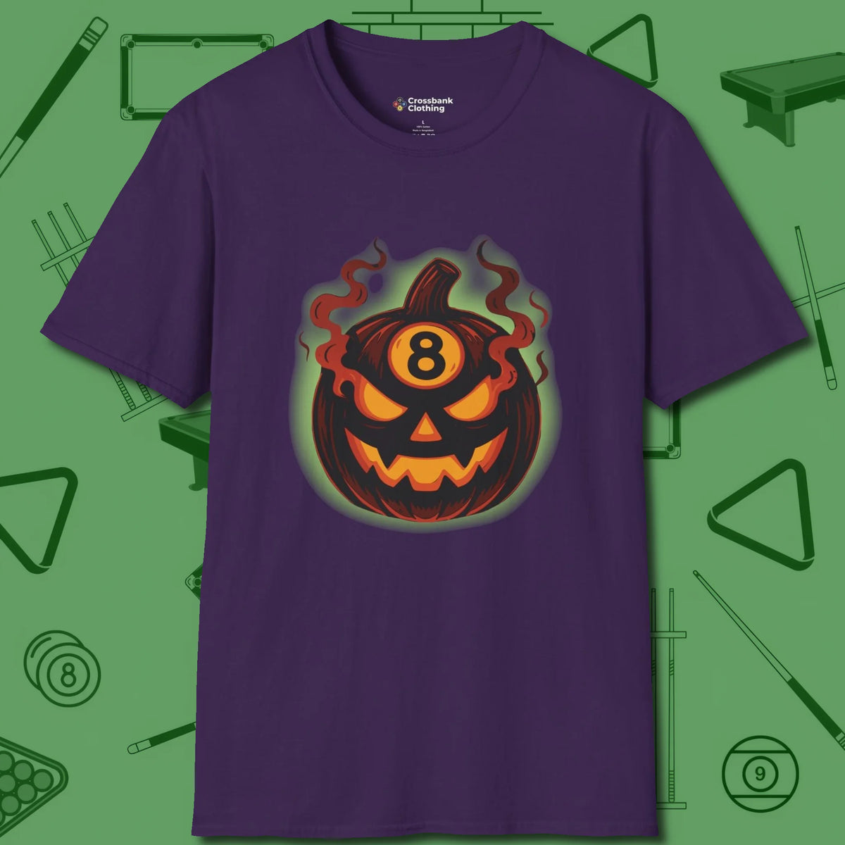 Haunted Eight Ball Pumpkin T-Shirt, front view, in Purple