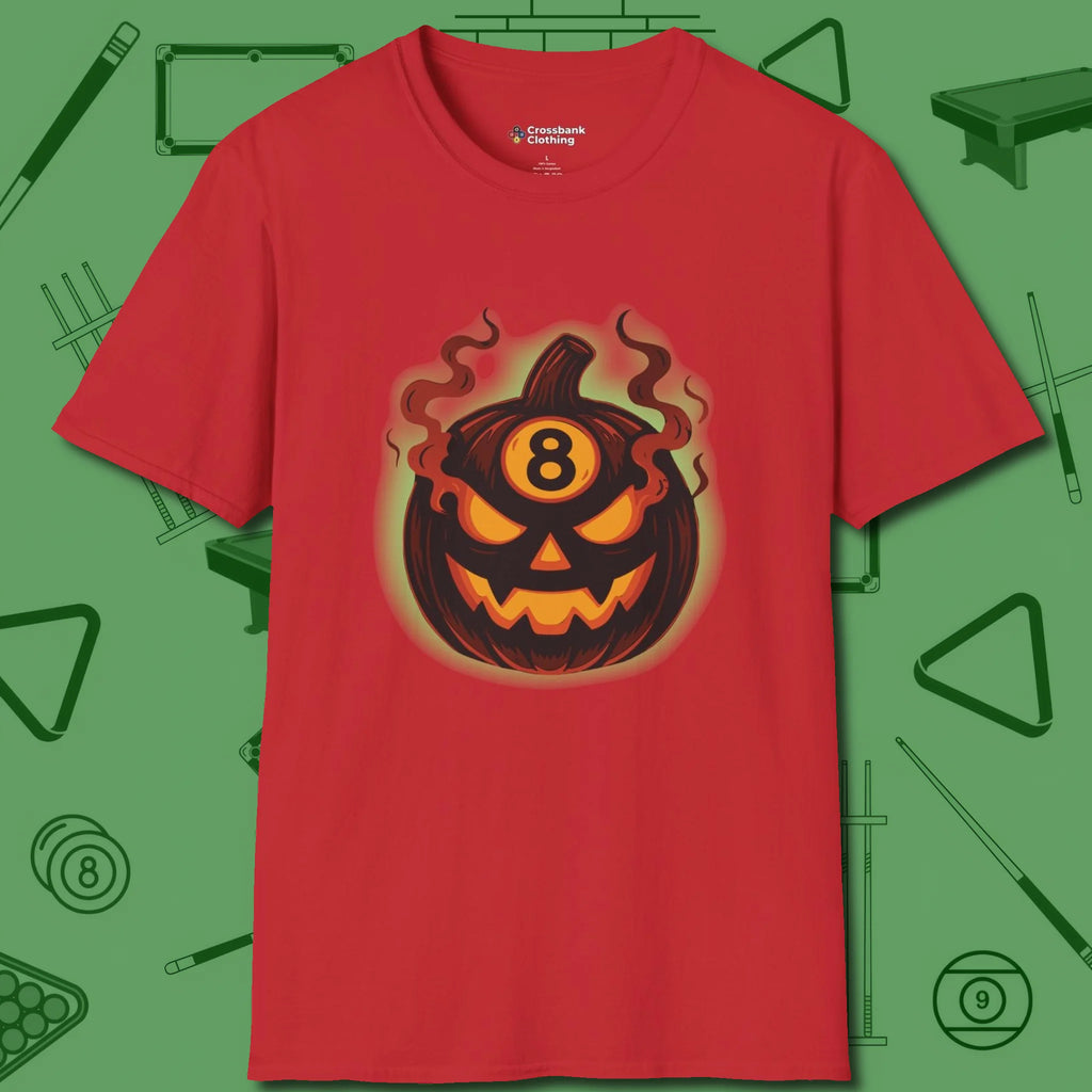 Haunted Eight Ball Pumpkin T-Shirt, front view, in Red smart apparel for strategic players
