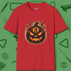 Haunted Eight Ball Pumpkin T-Shirt, front view, in Red smart apparel for strategic players