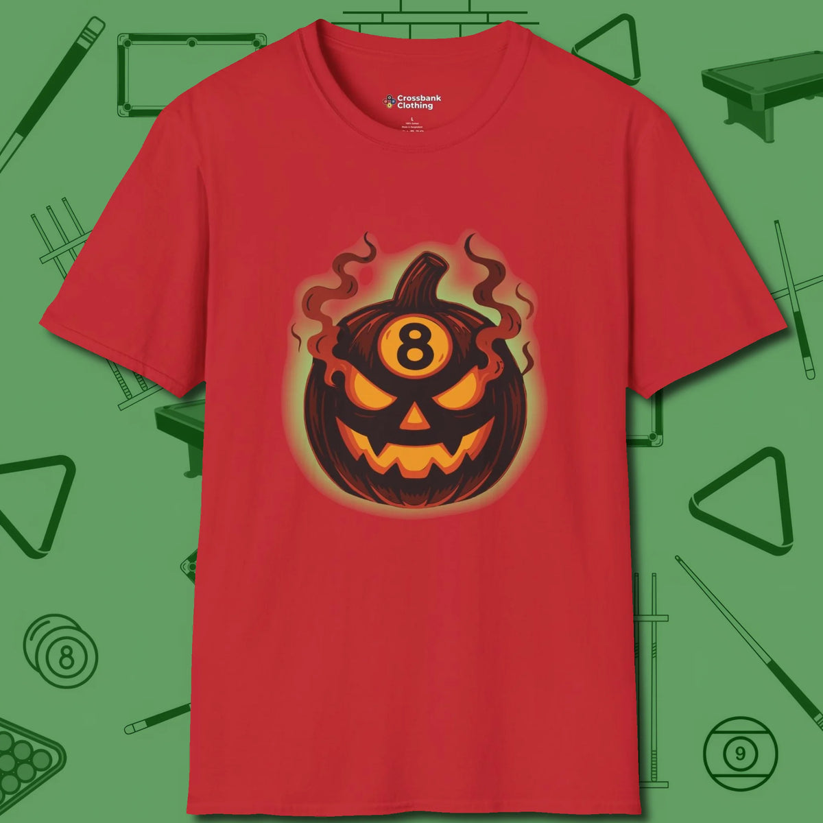 Haunted Eight Ball Pumpkin T-Shirt, front view, in Red smart apparel for strategic players