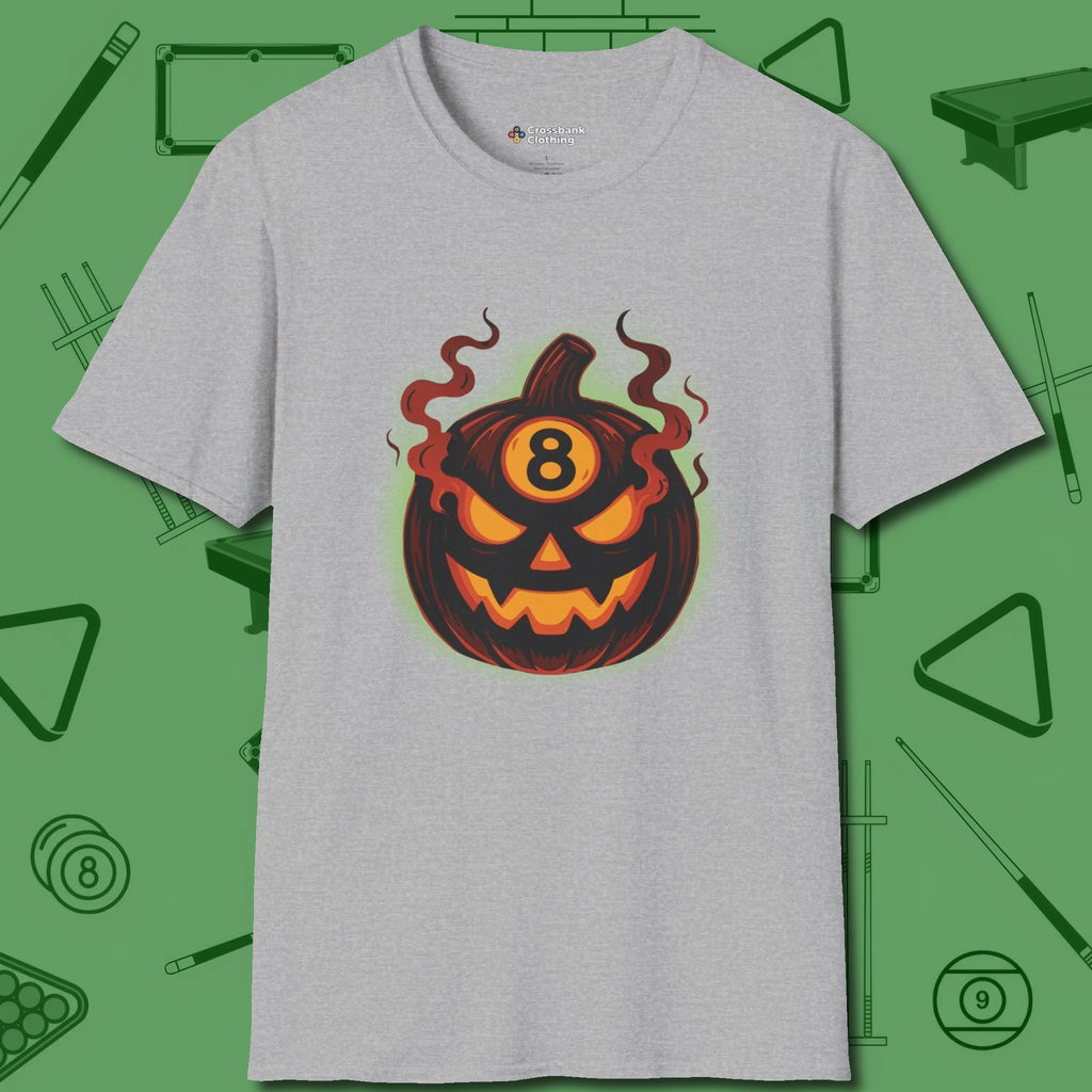 Haunted Eight Ball Pumpkin T-Shirt, front view, in Sport Grey styled to dominate from rack to run-out