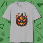 Haunted Eight Ball Pumpkin T-Shirt, front view, in Sport Grey styled to dominate from rack to run-out