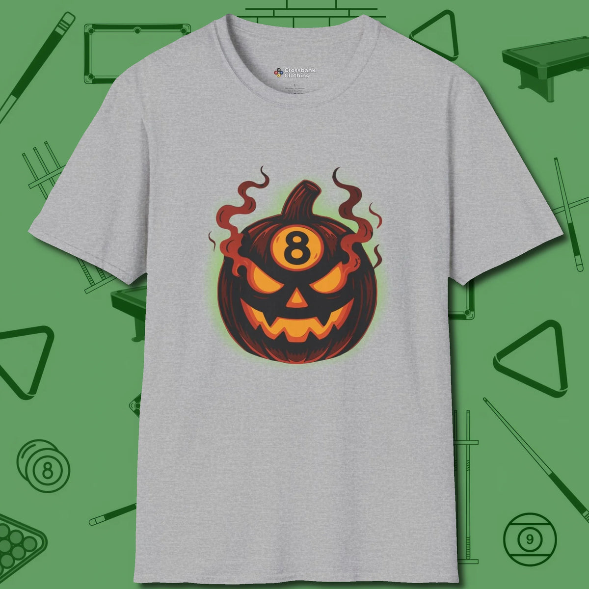 Haunted Eight Ball Pumpkin T-Shirt, front view, in Sport Grey styled to dominate from rack to run-out