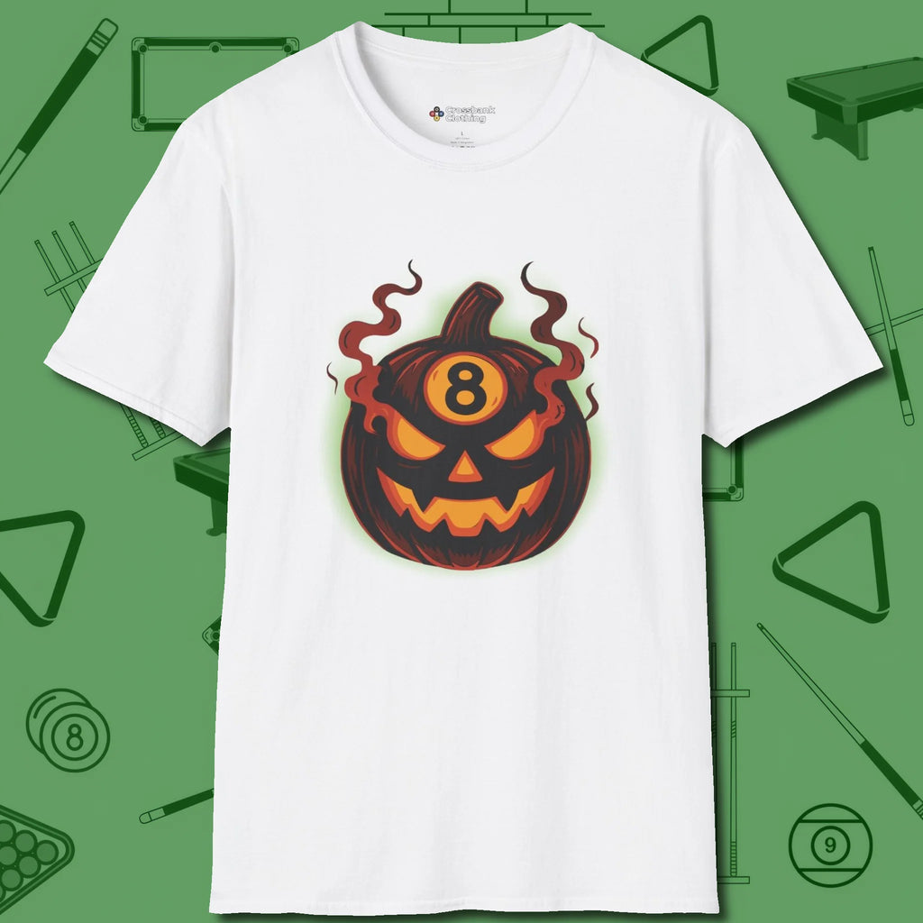 Haunted Eight Ball Pumpkin T-Shirt, front view, in White classic cue style, no gimmicks