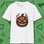 Haunted Eight Ball Pumpkin T-Shirt, front view, in White classic cue style, no gimmicks