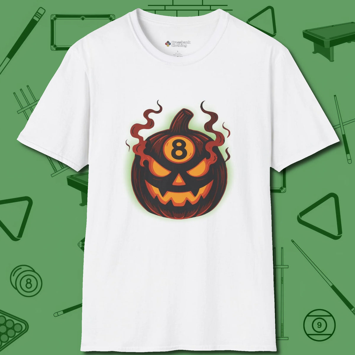 Haunted Eight Ball Pumpkin T-Shirt, front view, in White classic cue style, no gimmicks